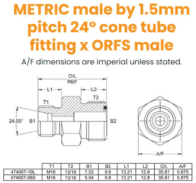 M16 24° Cone (10L) x 13/16 Orfs M/M Hydraulic Adaptor